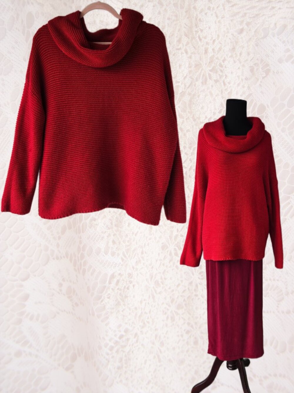 Miracle Red Sweater Chunky Knit Cowl Neck Boho Classic Cozy Comfort Autumn